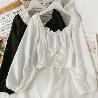 Square-neck Plain Ruffle Drawstring Cropped Blouse