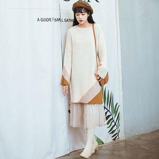 Color-block Loose-fit Crewneck Sknitted Plain Long Sheath Dress