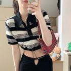 Short-sleeve Striped Lace-up Crop Polo Shirt Stripe - Black & White - One Size