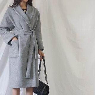 Shawl-collar Open-front Coat With Sash