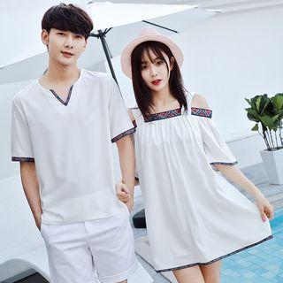 Couple Matching Short-sleeve T-shirt / Elbow-sleeve A-line Dress / Shorts