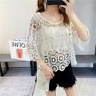 Elbow-sleeve Crochet Cropped Top White - One Size