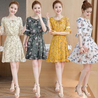 Floral Print Sleeveless Crewneck Chiffon A-line Sheath Dress