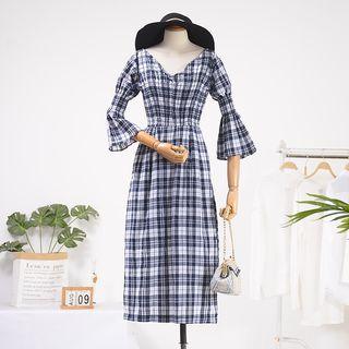 Bell-sleeve Plaid Midi A-line Dress Grayish Blue - One Size