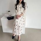 Long-sleeve Dotted Midi A-line Dress Dotted - White - One Size