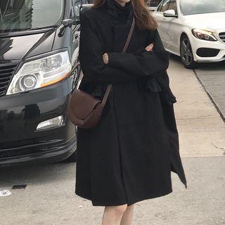 Plain Long Woolen Coat Black - One Size