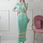 Short-sleeve Paneled Knit Sheath Dress Cyan - One Size