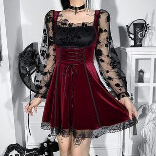 Long-sleeve Square-neck Floral Mesh Lace-up Mini A-line Dress