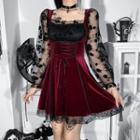 Long-sleeve Square-neck Floral Mesh Lace-up Mini A-line Dress