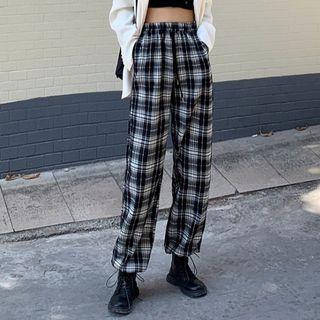 Plaid Drawstring-cuff Wide-leg Pants Black - One Size