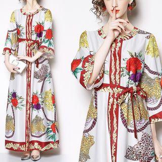 Bell-sleeve Patterned Maxi A-line Dress