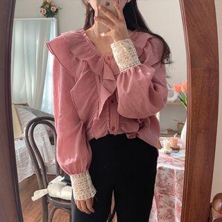 Long-sleeve Lace Paneled Ruffled Buttoned Top