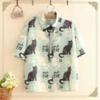 Tie-neck Cat Print Short-sleeve Shirt As Shown In Figure - One Size