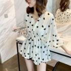 Balloon-sleeve Heart Print Peplum Blouse