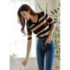Elbow-sleeve V-neck Stripe Knit Top