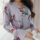 Flare-cuff Floral-pattern Blouse