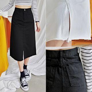 Slit-front Fray-hem Long Skirt
