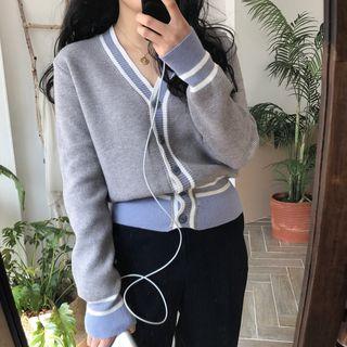 Contrast-trim V-neck Cardigan Gray - One Size