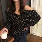 Dotted Cold-shoulder Chiffon Blouse Black - One Size