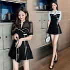Set: Puff-sleeve Contrast Trim Paneled A-line Dress + Shorts