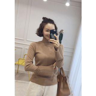 Turtle-neck Pleated-cuff Knit Top