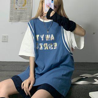 Mock Two-piece Elbow-sleeve Letter Print T-shirt As Shown In Figure - One Size