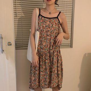 Spaghetti Strap Floral Midi A-line Dress Floral - Dark Orange - One Size