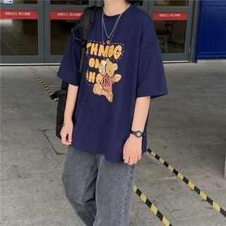 Short-sleeve Cartoon Bear Lettering T-shirt