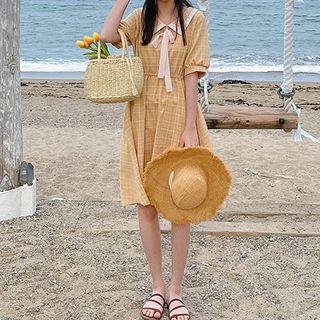 Short-sleeve Plaid Doll-collar Midi Dress