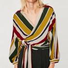 Long-sleeve Tie-front Striped Blouse