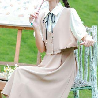 Elbow-sleeve Collar Mock Two-piece A-line Dress
