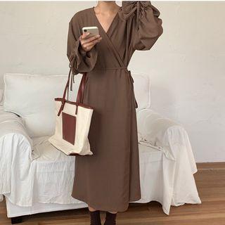 Bell-sleeve Tie Accent V-neck Plain Dress