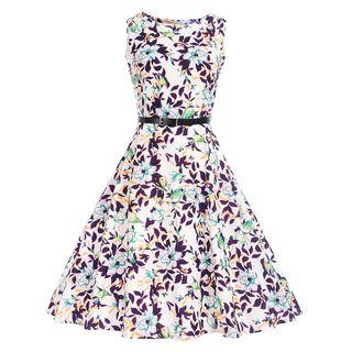 Flower Print Sleeveless A-line Dress With Belt