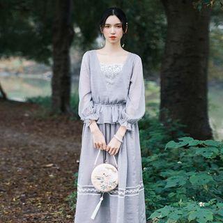 Square Neck Long-sleeve Top / Midi A-line Skirt