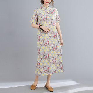 Short-sleeve Print Midi Qipao Dress