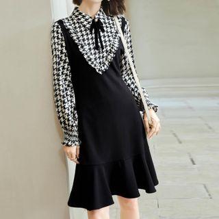 Mock Two-piece Houndstooth Shirt Dress