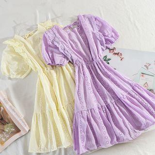 Short-sleeve Eyelet Lace Ruffled A-line Dress