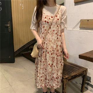 Set: Plain Short-sleeve T-shirt + Floral Midi Spaghetti Strap Dress