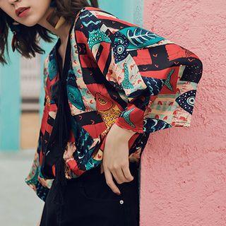 3/4-sleeve Fish Print Blouse As Shown In Figure - One Size