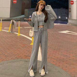 Lace-up Plain Tank Top + Hooded Long-sleeve Plain Jacket / Drawstring Plain Slit-hem Wide-leg Pants