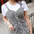 Sweetheart-neck Shirred Gingham Pinafore Dress