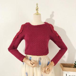 Long-sleeve Crochet Lace Panel Cold-shoulder Top
