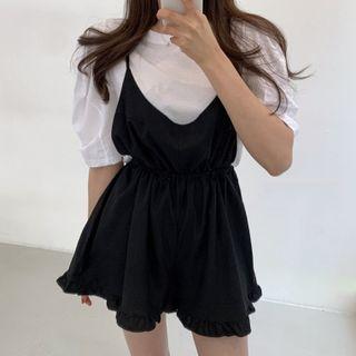 Puff-sleeve T-shirt / Ruffle Hem Jumper Shorts