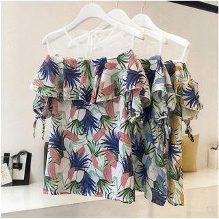 Short-sleeve Cold Shoulder Leaf Print Top