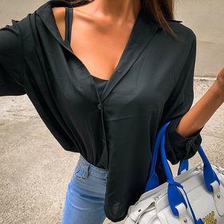Set: Plain Sheer Shirt + Spaghetti-strap Top