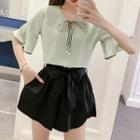 Set: Contrast Trim Bow Accent Elbow Sleeve Chiffon Blouse + Wide Leg Shorts