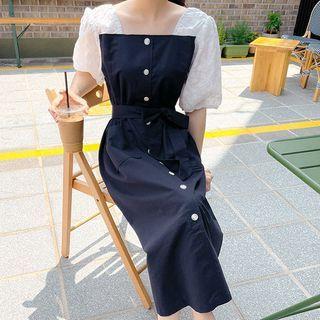 Plus Size Lace-sleeve Maxi Button-up Dress