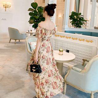 Floral Ruffle Trim Maxi A-line Dress