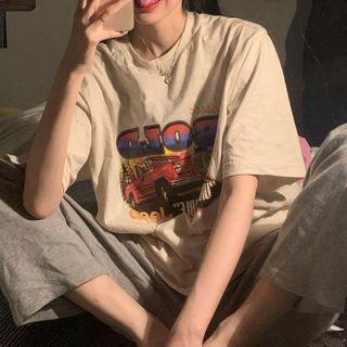 Short-sleeve Car Print T-shirt Khaki - One Size