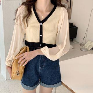 Long-sleeve Two-tone Knit Panel Blouse